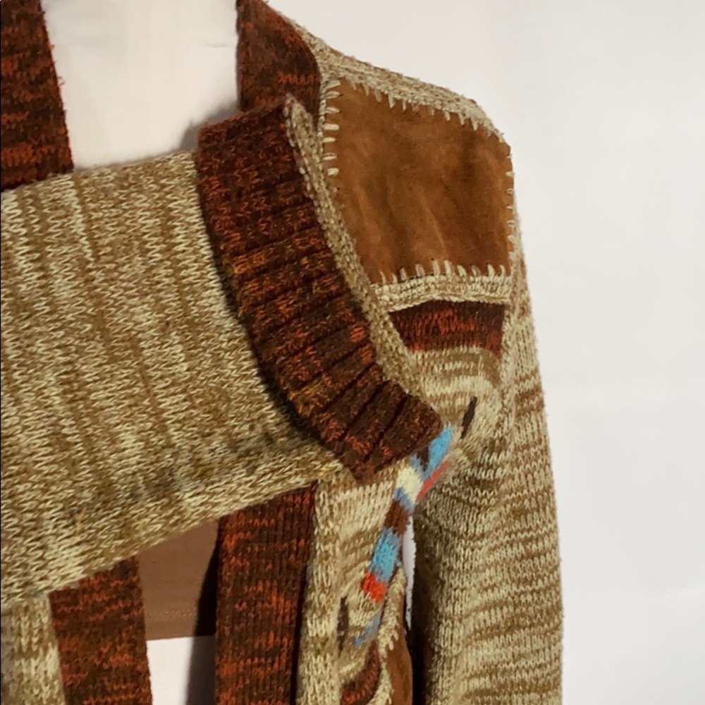 Vintage tribal aztec leather wool belted sweater - Picture 5 of 8
